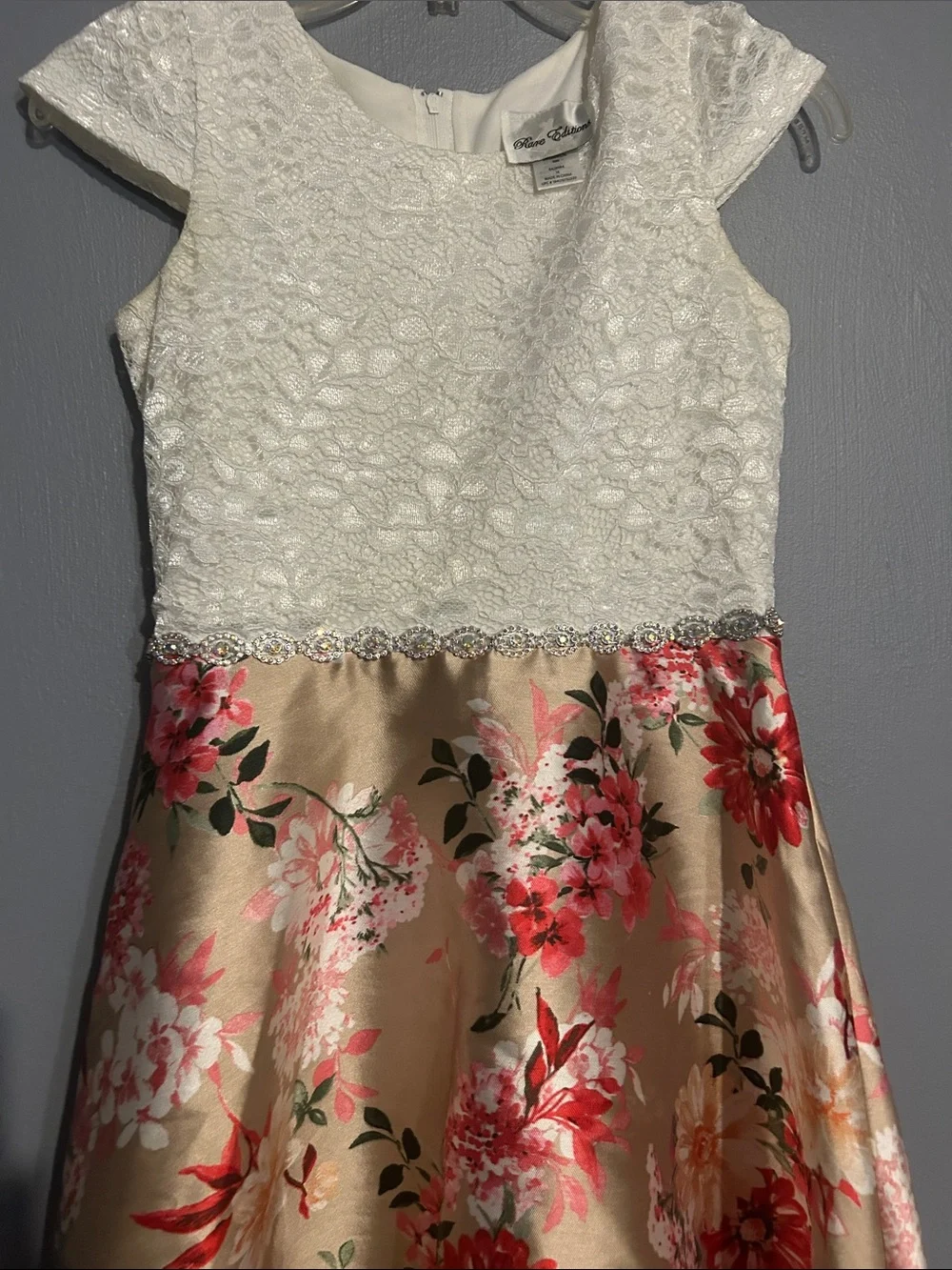 Rare Editions White Lace Bodice Gold Floral High-Low Dress